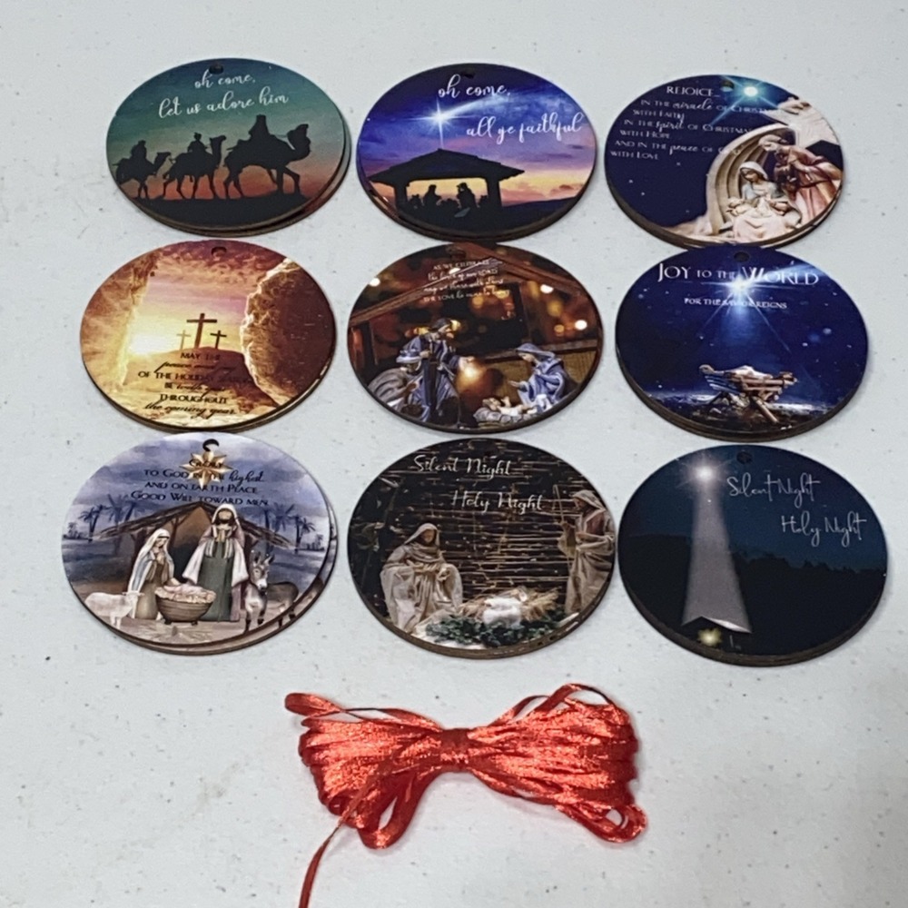 Lot Of 18 Round Wooden Christmas Ornaments Holiday Nativity Spiritual Jesus 3"